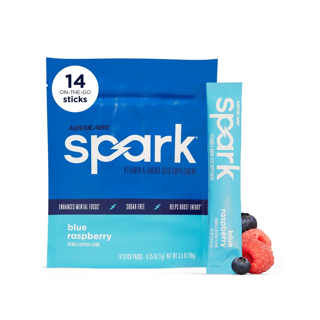 AdvoCare Spark - Energy Drink Mix - Vitamin & Acid Acid Aid & Amino - Mendukung Energi & Fokus * - Portable Ammune Dukungan * - Sugar- Free - Blue Raspberry, 14 Stick Packs (3.5 oz)