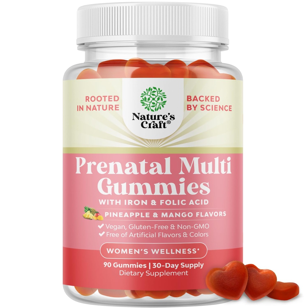 Vegan Prenatal Gummies for Women - Gummy Prenatal Vitamin for Women with Iron Folic Acid and Superfruit Blend - Chewable Vitamin Gummy Formula Mula (Pineapple Mango) 1 Bulan