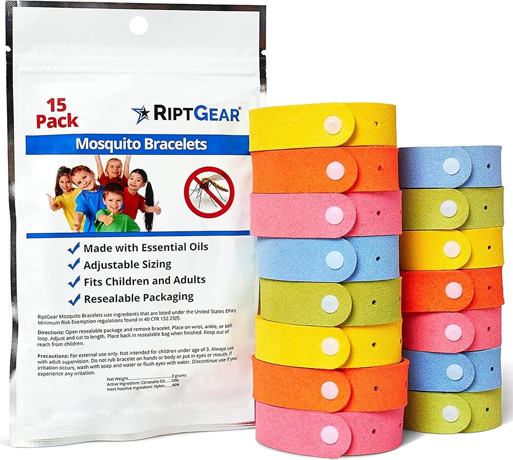 RiptGear Mosquito Bracelets - 15 Pack of Mosquito Brackets for Kids and Adults, Insect Brackets, Citronella Wristband - DEET Free Mosquito Wristron, Camping Accesories