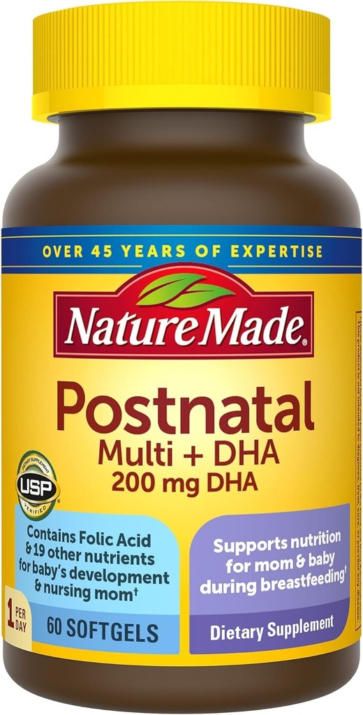 Alam membuat Postnatal Multivitamin + DHA 200 mg, 60 Softgels, untuk menyokong Ibu dan Bayi Selama Pemanas Nafas, Vitamin & Nutrients Termasuk Besi, Vitamin D3, Calcium, Iodin
