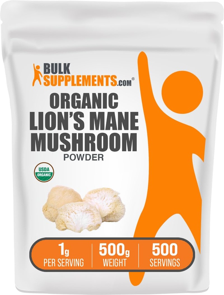 BulkSuplements.com Organic Lions Mane Mushroom Powder - Lions Mane Powder, Mushroom Suplemen - Vegan & Gluten Bebas, 1g per Serving, 500g (1,1 pon) (Paket 1)