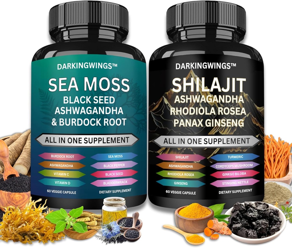 Shilajit dan laut lumut combo -Sea Moss 3000mg, Black Seed Oil 2000mg, Ashwaganda 2000mg, Shilajit 9000mg, Rhodiola Roe1000mg, Panax Ginseng1500mg 124g, mos dan shilajit bundle, semua dalam satu suplemen