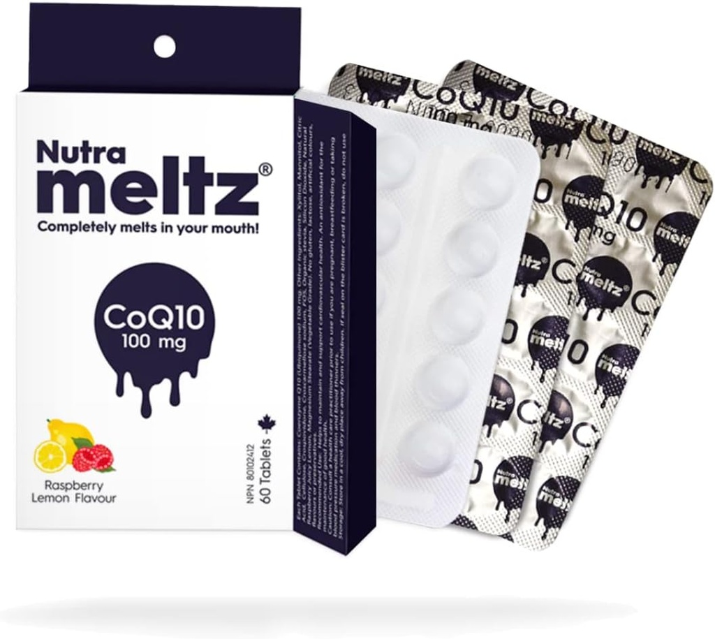 Nutra meltz CoQ10 100 mg - Koenzim Q10 Support Heart Health, Enhances Energy Production QuickDissoling Tablets for Enzyme Deficiency - Raspberry & Lemon Flavor (60 tablet)