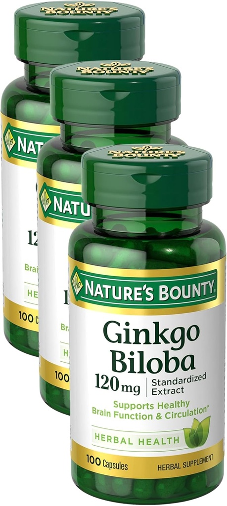 Nature 's Bounty Ginkgo Biloba Capsules 120mg, Suplemen Dukungan Ingatan, Mendukung Fungsi Otak dan Alertitas Mental, 100 Kapsul (Paket 3)