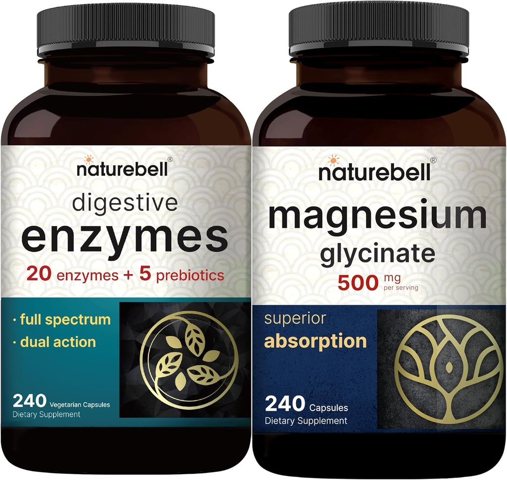 Magnesium Glycinate Capsules 500mg, 240 Count - 100% Chlated & Purified 4; Digetical Enzymes dengan Pregrapi, 240 Vevgie Capsules - 20 Enzyme & 5 Prebiotic Pankreas Kompleks