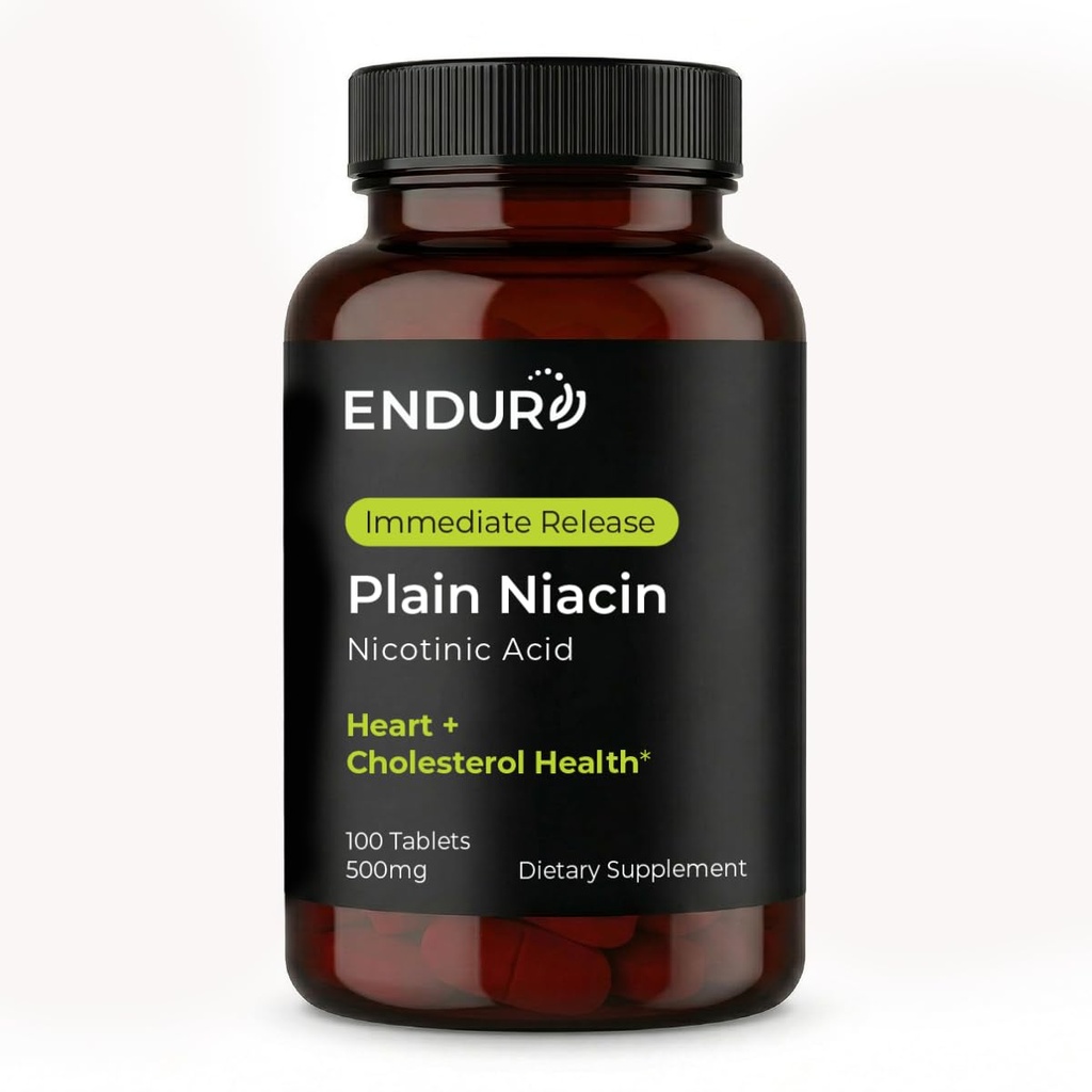 Endur Plain Niasin (Nicotical Acid), Layanan Keseimbangan Kesehatan & Kesehatan Cholesterol, segera lepaskan Formula, Gluten Bebas, 500mg (100 Tablet)