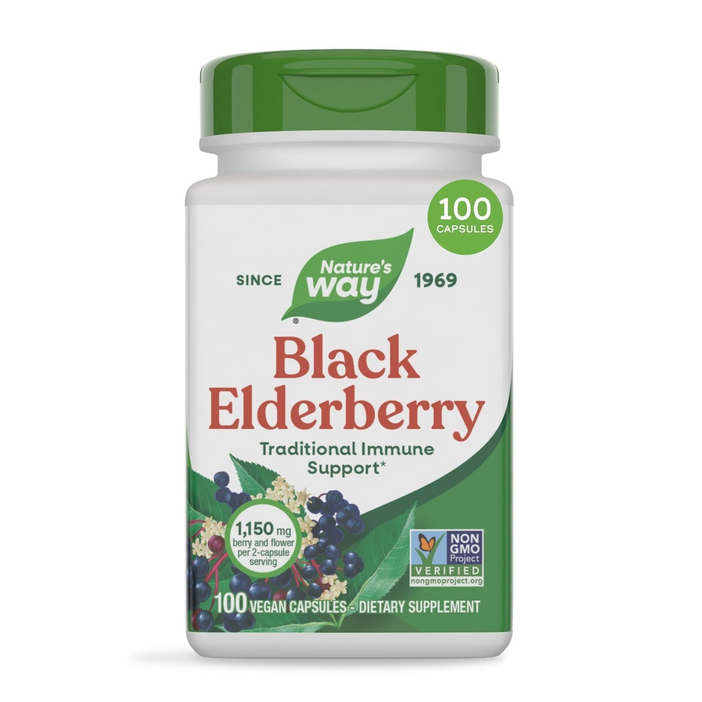 Nature 's Way Black Elderberry Capsules, Support Imune Tradisional * Suplemen Elderberry dan Elderflower, Tanaman Berkembang, 100 Kapsul (Packing May Vary)