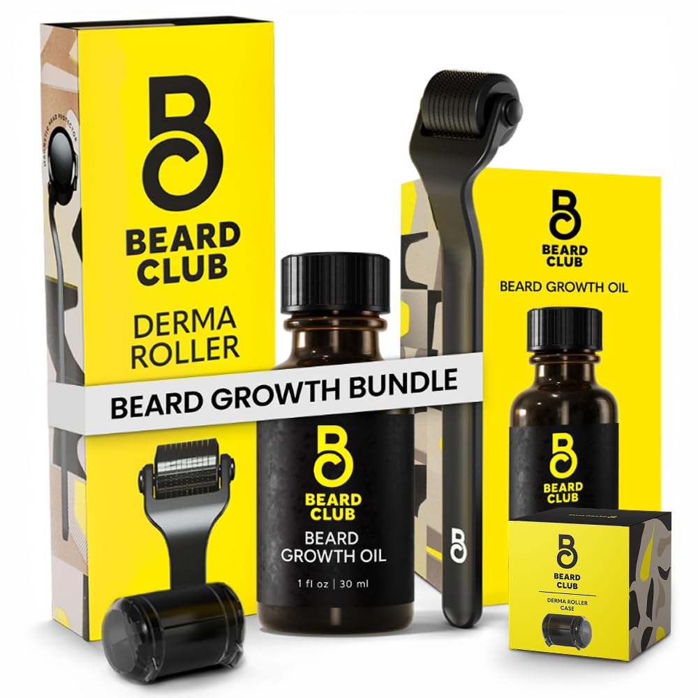 Klub Beard Premium Derma Roller & Beard Growth Oil - Micronedling Roller dengan 540 Titanium Microneedles untuk Wajah, Tubuh dan Scalp - Beard Roller dengan Santalwood & Cedar Beard Oil