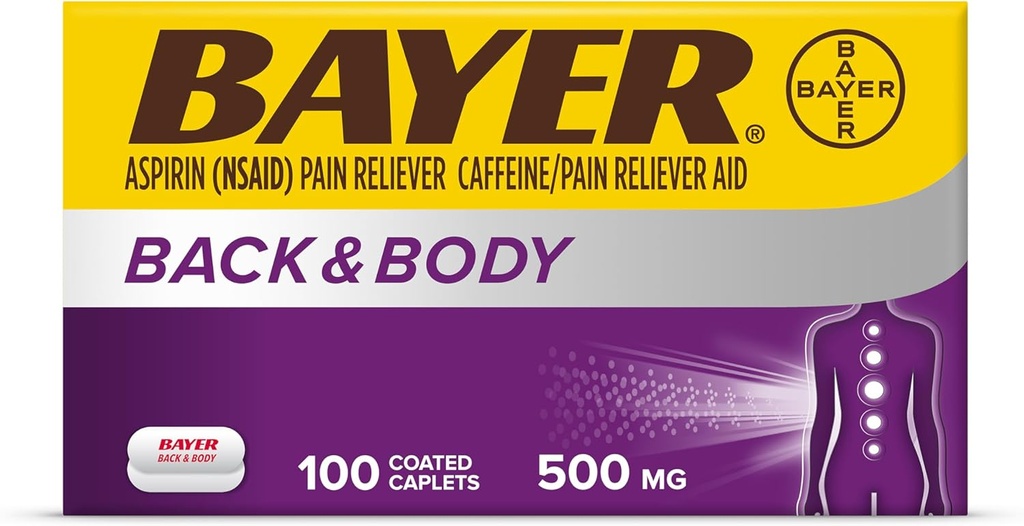 Bayer Back & Body Extra Energy Aspirin, 500mg Coated Tablet, Fast Relief at the Site of Pain, Pain Reliever dengan 32.5mg Caffeine, 100 Count