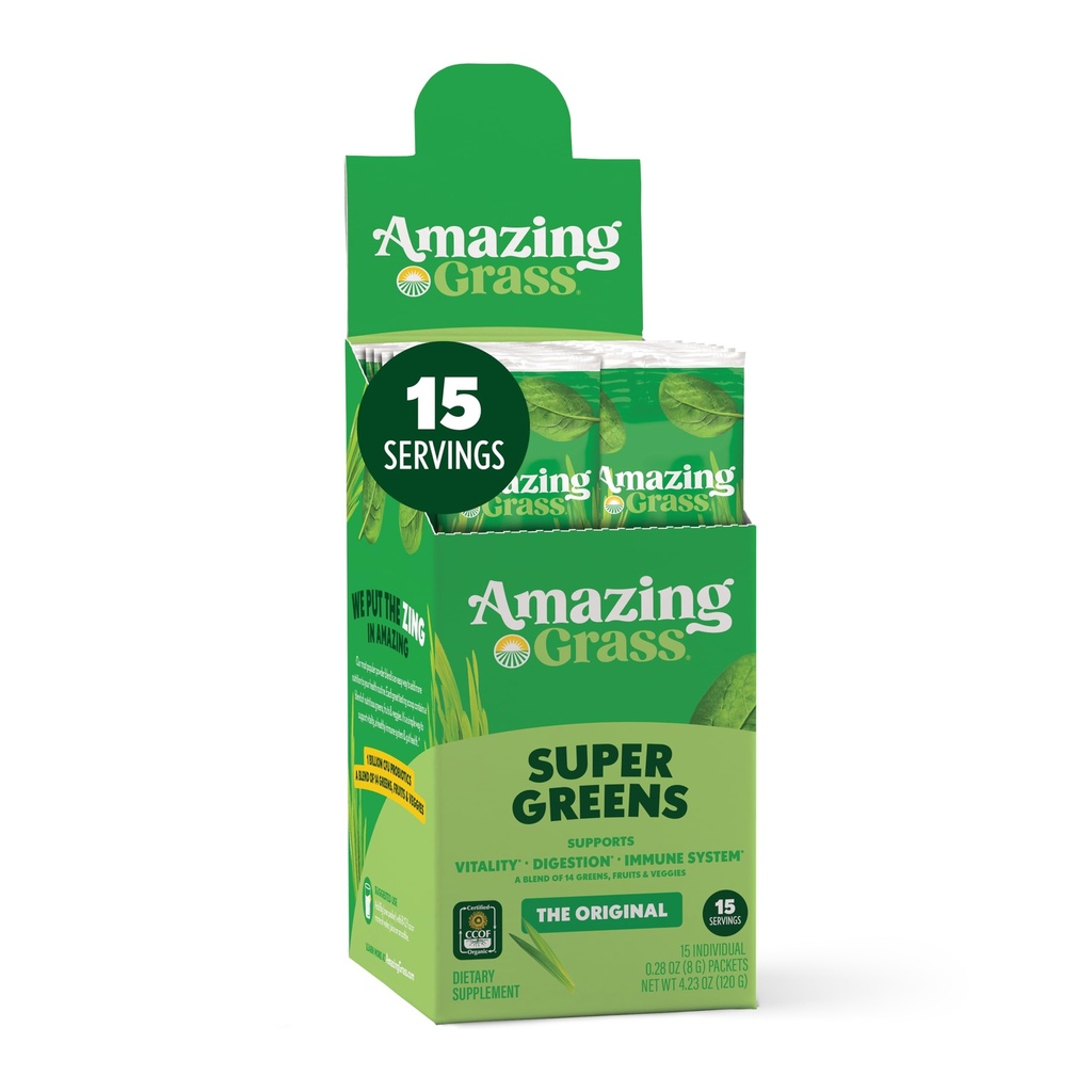 Amazing Grass Greens Superfood: Super Greens Powder Smoothie Mix dengan Spirulina, Chlorella, Beet Root Pouder, Enzymes Digevical, Pregnance & Prograce, Original, 15 Servings May Wary)