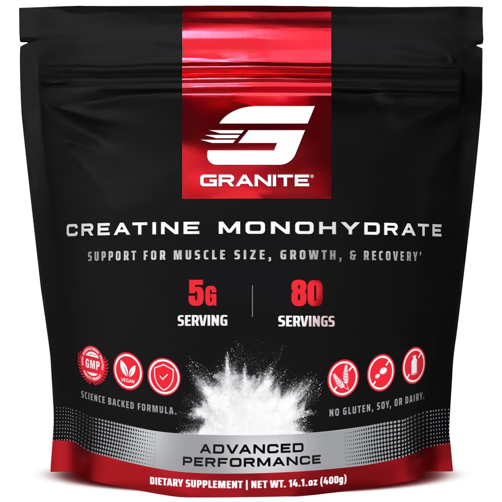 Granite Creatine Monohydrate, Support Strength, Endurance, & Muscle Recovery, Creatine for Men & Women, Soy- Free, Dairy- Free, Gluten- Free (80 Servings)