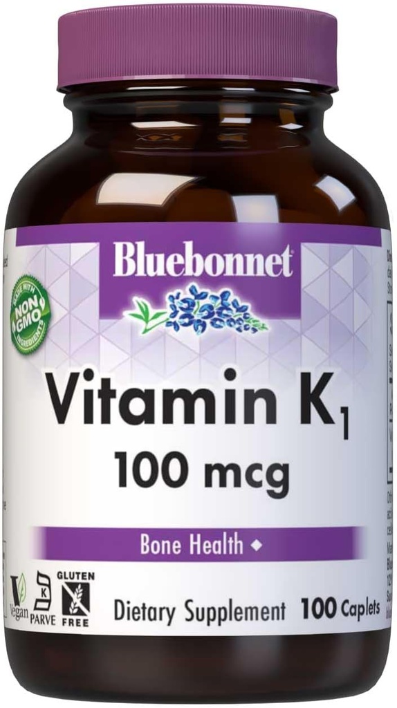 Bluebonnet Vitamin K1 100 mcg Support Bone Health - Phylloquinone Crystaline Vitamin K Suplemen - Non-GMO, Kosher Cerdened, Gluten- Free, Dairy- Free - 100 Vegan Caplets