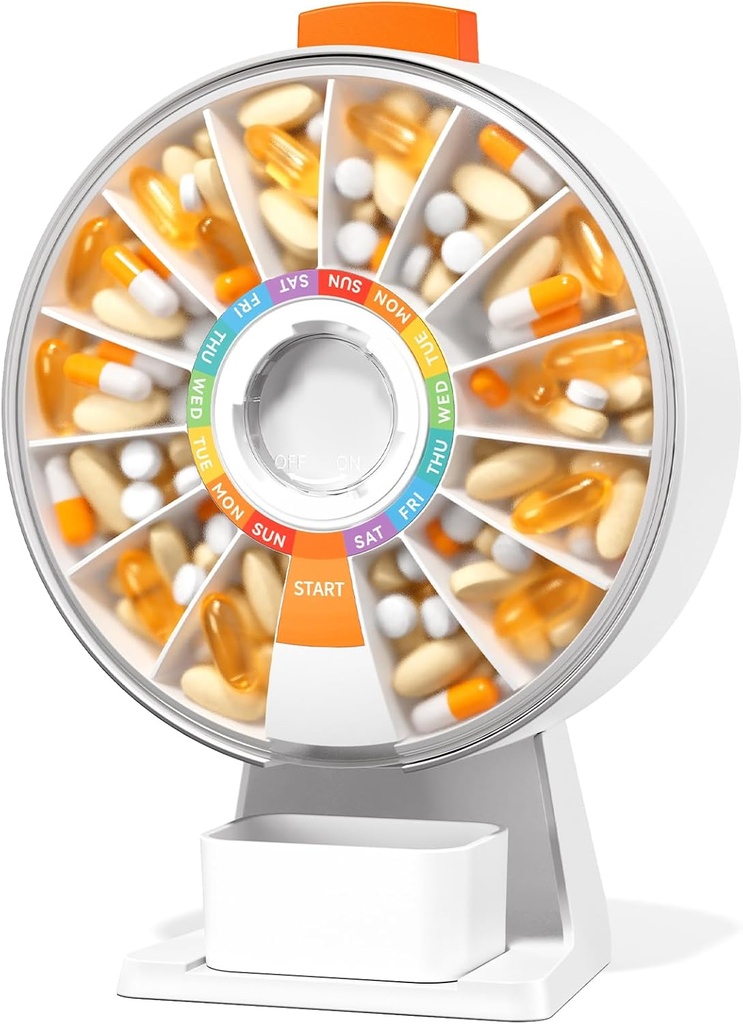 Zoksi Large Fun Pill Dsipenser, Daily Pill Box untuk 7 atau 14 Hari, Wall-Mountable atau Tabletop Weekly Pill Organizer Hold for Medicine, Vitamin or Suplemen, Pill Case with Easy Press Button (White)