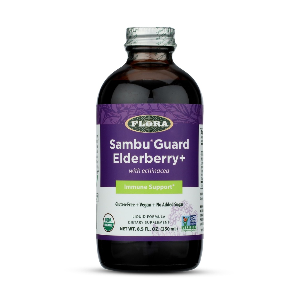 Flora Organic Black Elderberry Syrup + 8.5oz - Ammune Booster dengan Echinacea, untuk Anak-anak & Dewasa, Tidak Ada Ditambahkan Gula, Gluten Bebas, Vegan, SambuGuard