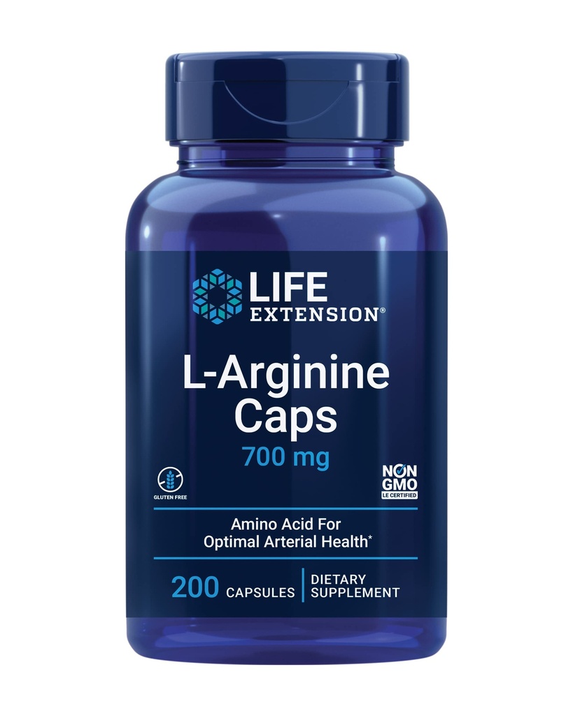 Ekstensi Hidup L-Arginine Caps, 700 mg, Vitamin C & Amino Acid for Optimal arrial Health, Tesis & Bones, Gluten Free, Non-GMO, 200 Capsules