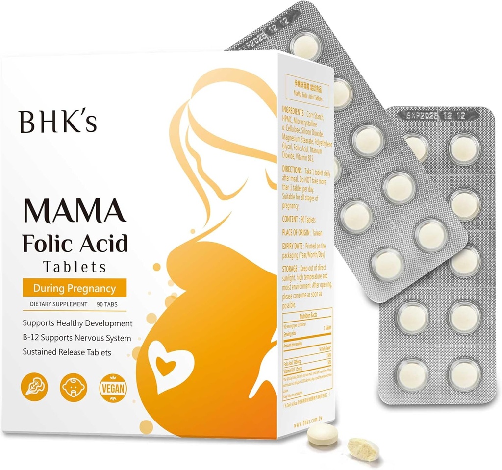 BHK 's Folic Acid, Before During After Pregnancy, Dukung Baby Nervous System Development, EsculVitamin for Mom & Baby, 90 Tablet