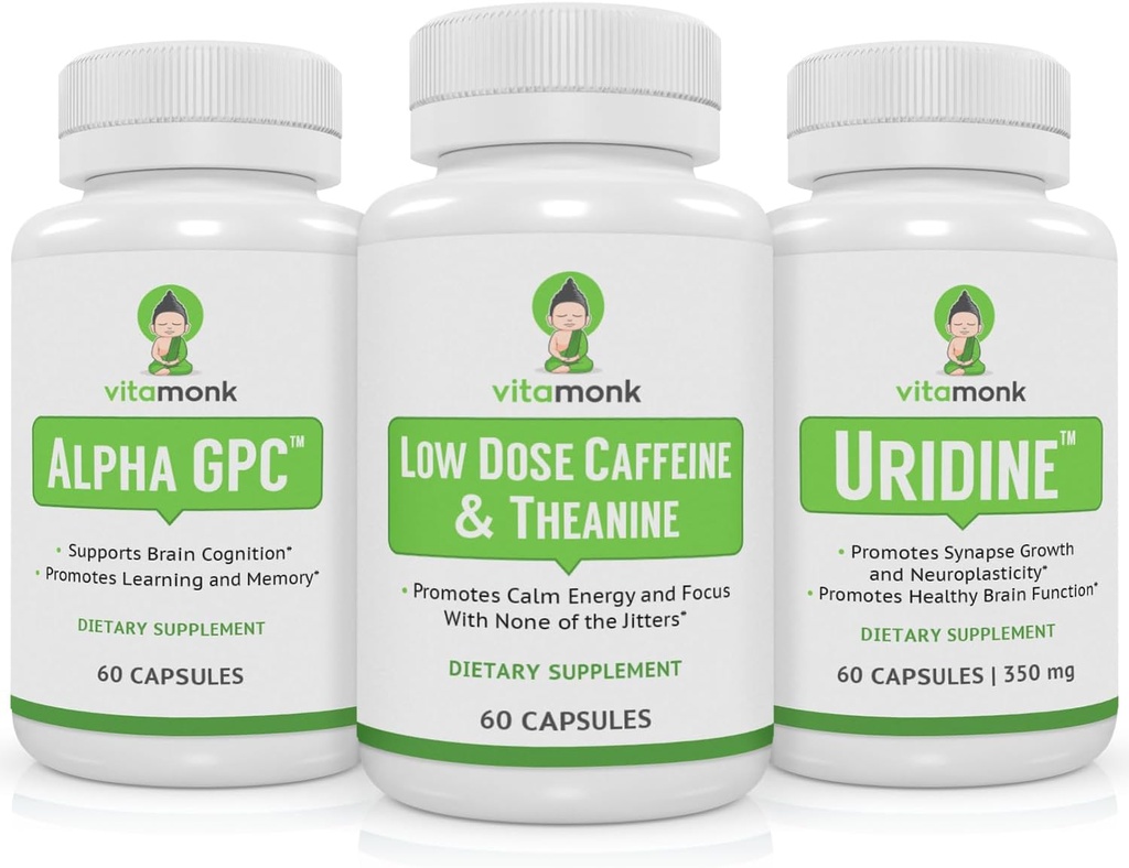 VitaMonk Brain Boost Bundle - Alpha GPC, Uridine, dan Dose Caffeine rendah + L- Theanine Duo