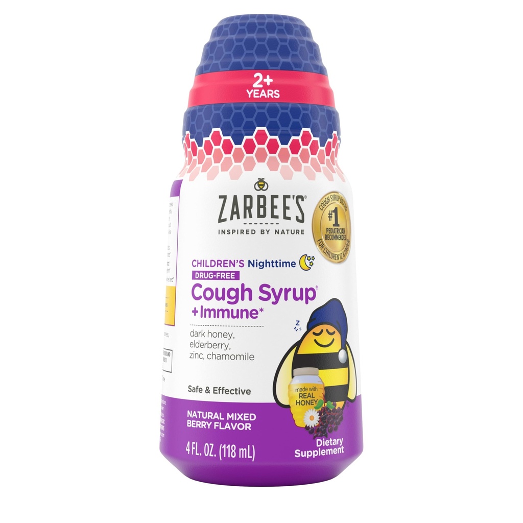 Zarbee 's Children' s Children 's Honey Cough Syrup + Ammune for Kids 2 +, Cough Syrup with Soothing Dark Honey, Real Elderberry, Vitamin D & Zinc, & Chamomile, Drug-Free, Mixed Berry, 4 fliz