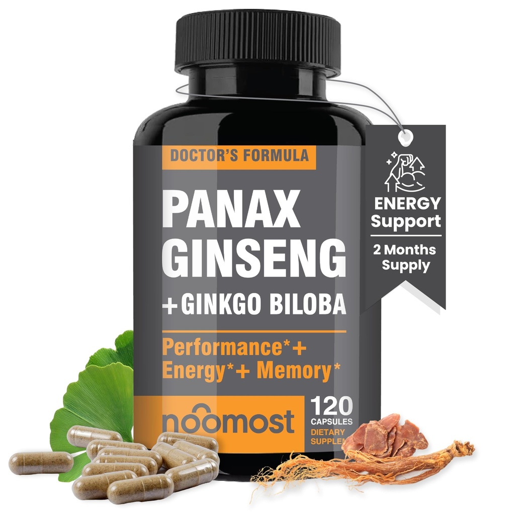 NooPaling Autentic Korean Red Panax Ginseng + Ginkgo Biloba, 120 Vegan Capsules, Ginseng Root Extract Powder 1000mg (10% Ginsenosides) + Gingko Biloba 60mg, Energy and Focus Pills for Men and Women