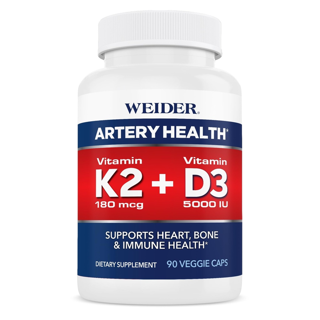 Weider Artery Health Suplement, Vitamin K2 (180mcg) & Vitamin D3 (5000iu), 90 Veggie Capsules