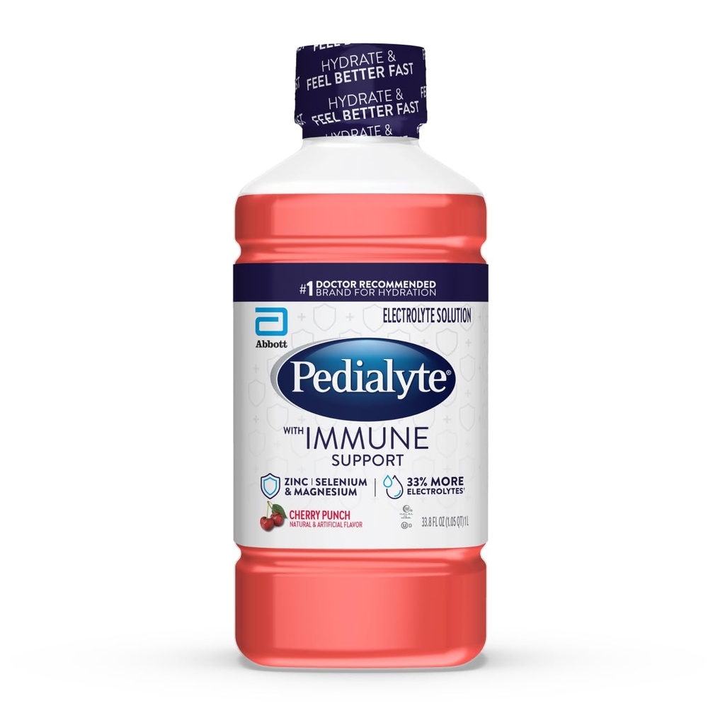 Pedialyte dengan dukungan Imune Electrolite Solution, Hidration Drink dengan Zinc, Selenium, dan Magnesium, Cherry Punch, 1 Liser