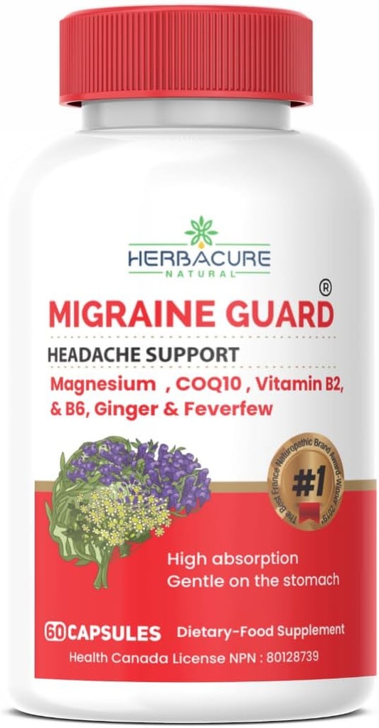 Penjaga MIGRAINE ® New Migraine Reliche Prevention, Clinically Proven COQ10, VIT B2, VIT B6, Feverfew, Magnesium GLYCINATE, Ginger, Exceptional Response Selama Trials dibuat di Kanada