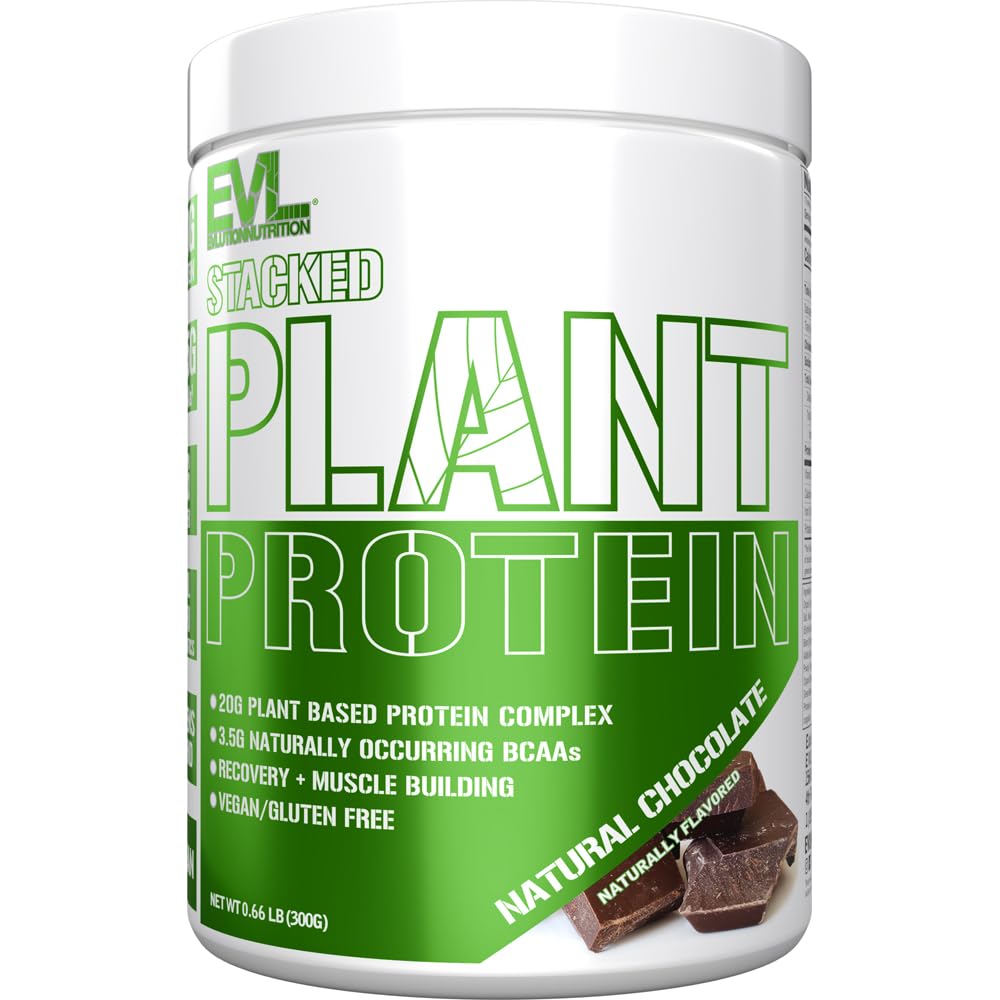Evolusi Nutrition Stacked Plant Protein Powder, Vegan, Non- GMO, Gluten- Free, Progories, BCAAs, Fiber, Plant-Based Protein Complex, 300G (Natural Chocolate)