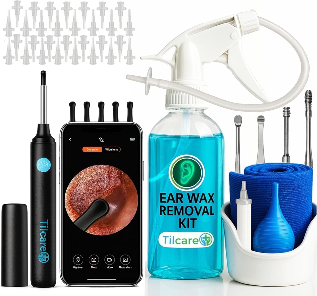 Ear Wax Removal Tool dengan Kamera Telinga oleh Tilcare - Ear Irrigation Sistim Flushing untuk Orang Dewasa & Anak - Perfect Ear Cleaning Kit - termasuk Basin, Syrince Kit, Curette, handuk dan 30 Tips Disposable