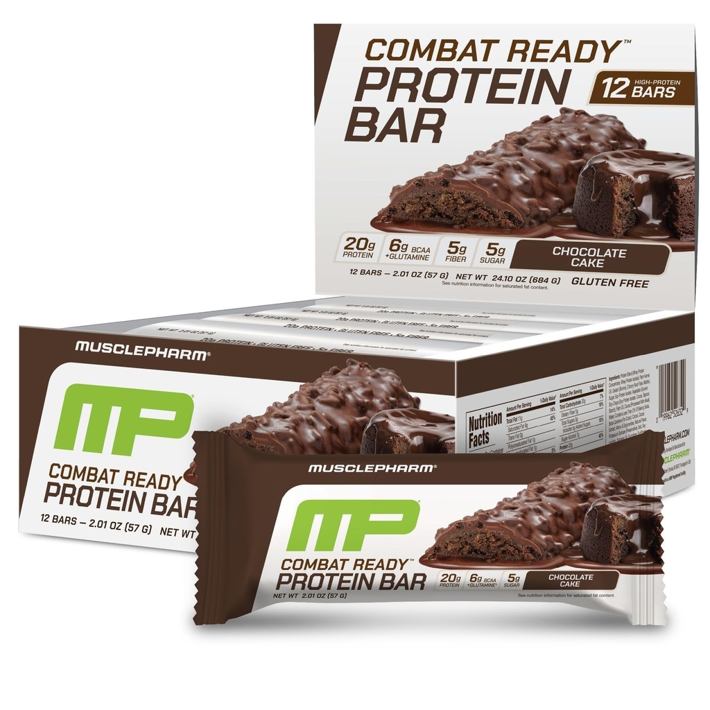 Bar MusclePharm Combat Sport, Chocolate Cake Flavor High Protein Bars, Combat Craures, Performance Fuel & Meet Energy Demands, 20g Protein dari Wey Protein, 5g Fiber, Gluten Free, 12 Bars