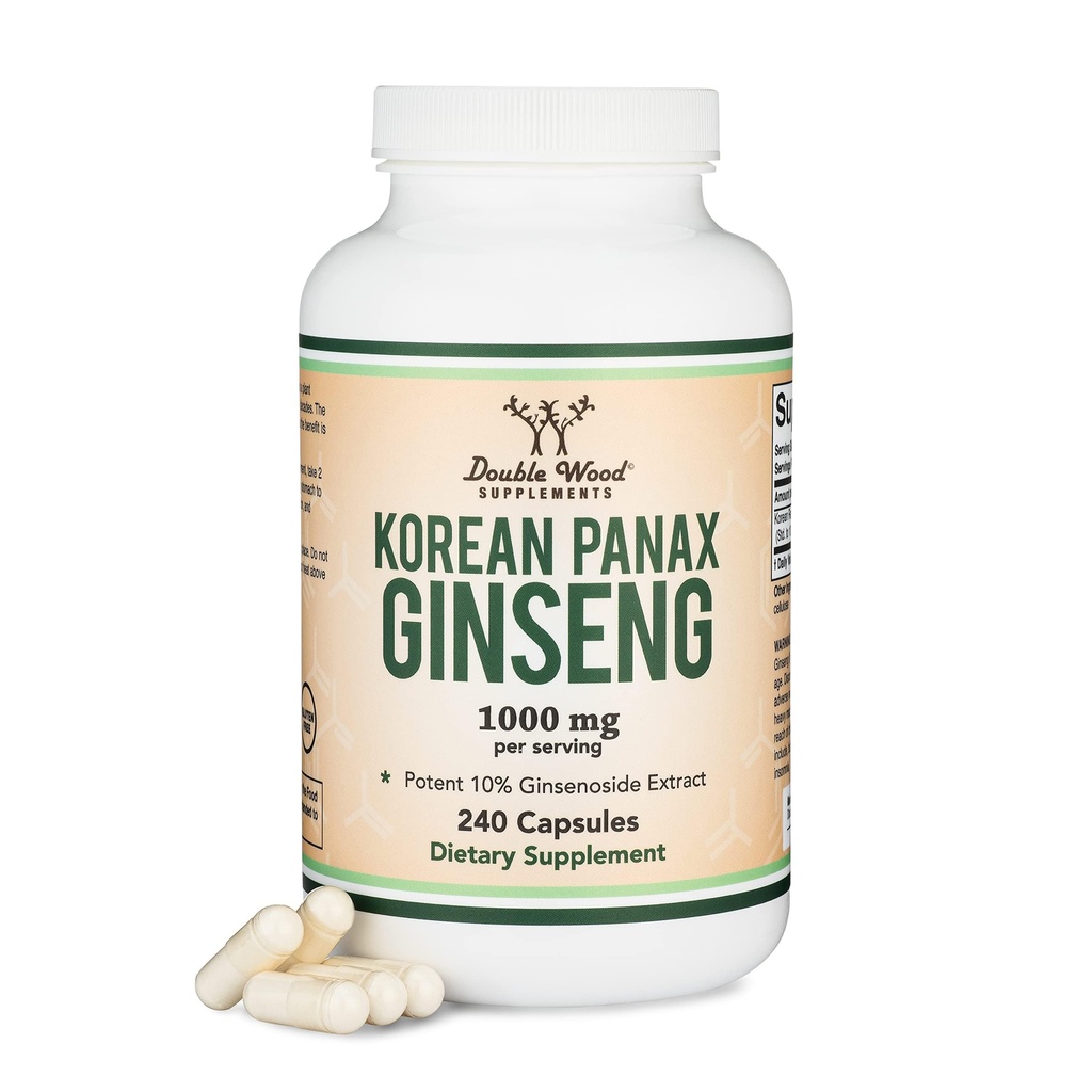 Ginseng Capsules (Korean Red Ginseng Extract, Panax Ginseng 10% Ginsenosides) (4 Bulan Supply) 240 Vegan Capsules - 1.000mg per Serving for Mood, Kognitive Fungsi dan Dukungan Energi oleh Double Wood