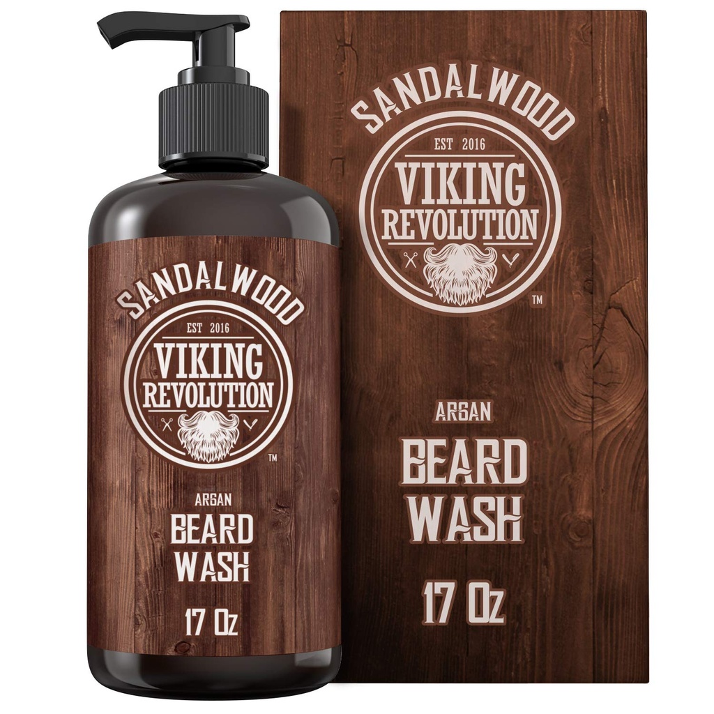 Viking Revolution Beard Wash Shamhow / Argan & Jojoba Oils - Softens & Strengthens - Sandalwood Scent - 17 oz Shamne