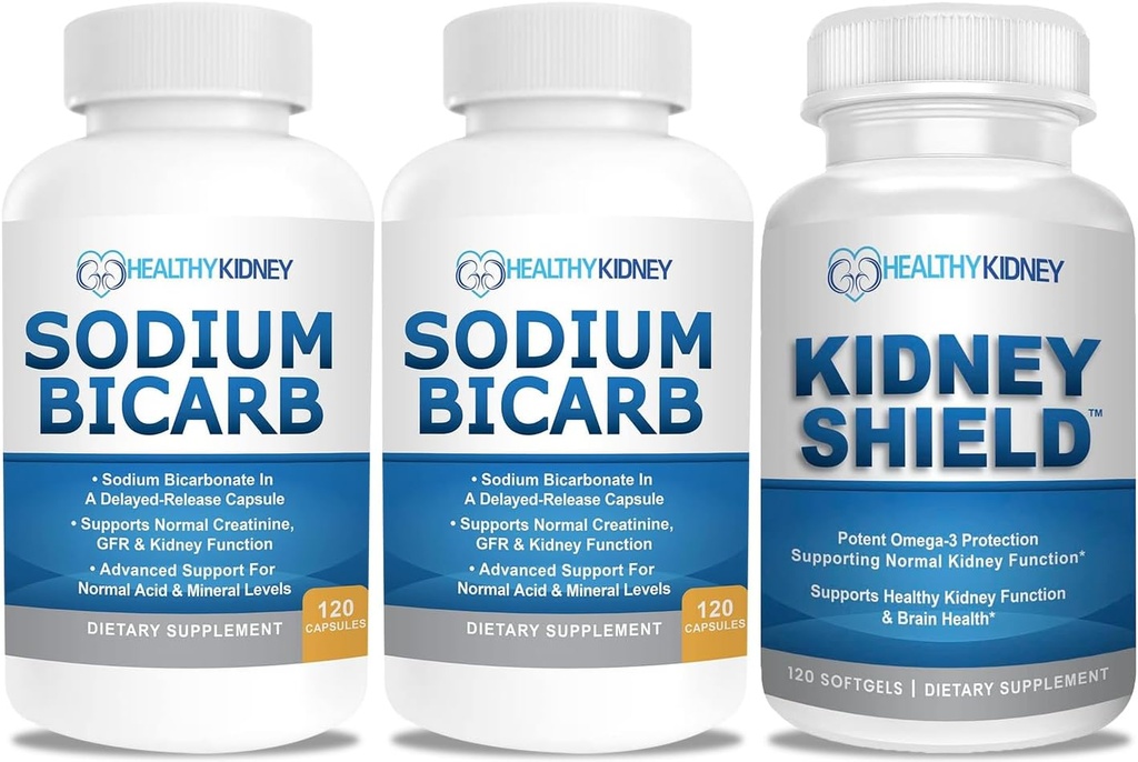 Sodium Bicarbonate 650mg Capsules for Acid Relief, Alkalinity 120 Pil 2- Pack + Ginjal Shield 120 Caps Ginjal Tambahan untuk Mendukung Fungsi Normal Ginjal