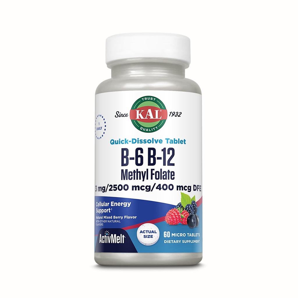 KAL Vitamin B-6 B-12 Metyl Finish ActivMelt, Vitamin B Suplement, Heart Health, Energy and Red Blood Support with Methyyl B12 and DFE Folic Acid, Natural Berry Flavor, 60 Servings, 60 Micro Tab