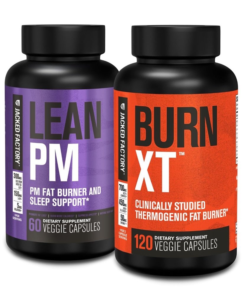 Jacked Factory PM Night Time Burner, Sleep Aid Suplement, & Appetite Suppresant (60 Capsules) & Burn-XT Clinically Studied Fat Burner & Weight Loss Suplemen (120 Capsules)