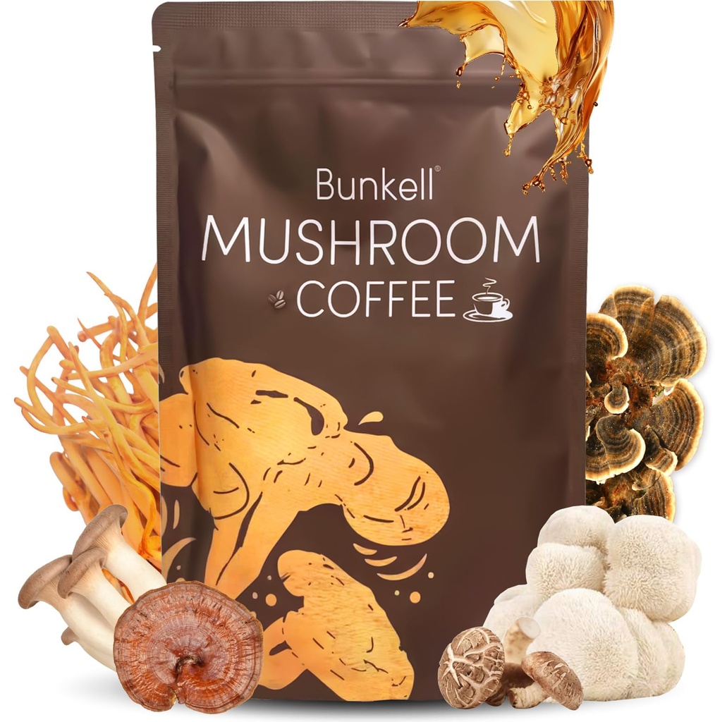Jamur Kopi, Adaptogenic 6 Jamur dengan Mane Singa, Reishi, Cordyceps, Shiitake, Raja terompet & Turkey Tail, Powder Kopi Instant untuk Energi, Hamble & Imune Dukungan, 30 Hamba