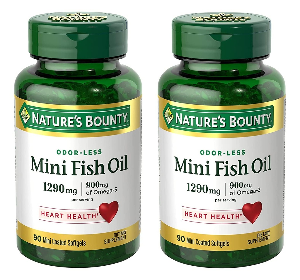 Nature 's Bounty Mini Fish Softgeels 1290 mg, Omega-3, Support Heart Health, Odor- Kurang, 90 Mini Coated Softgels - Paket 2