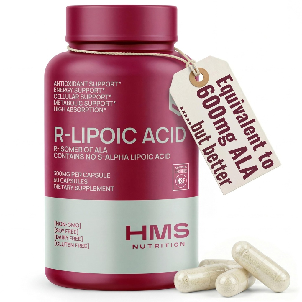 Stabilisasi R-Lipoic Acid 300mg Per Serving, R Alpha Lipoic Acid ALA Antioksidant untuk Nerve, Energi & Metabolisme Dukungan, Suplemen Bersertifikat NSF, Tidak-GMO & Vegan, 60 Capsules, 2 Bulan Supply