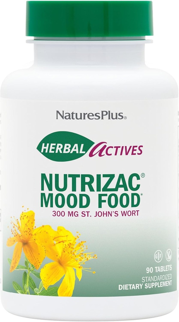 Natuture Plus Herbal Actives NutreZAC Mood Food - 300 mg St Johns Welt, 90 Vegan Bi-Layered Tablet - Maximum Potency Natural Mood Booster - Vegetarian, Gluten-Free - 90 Servings