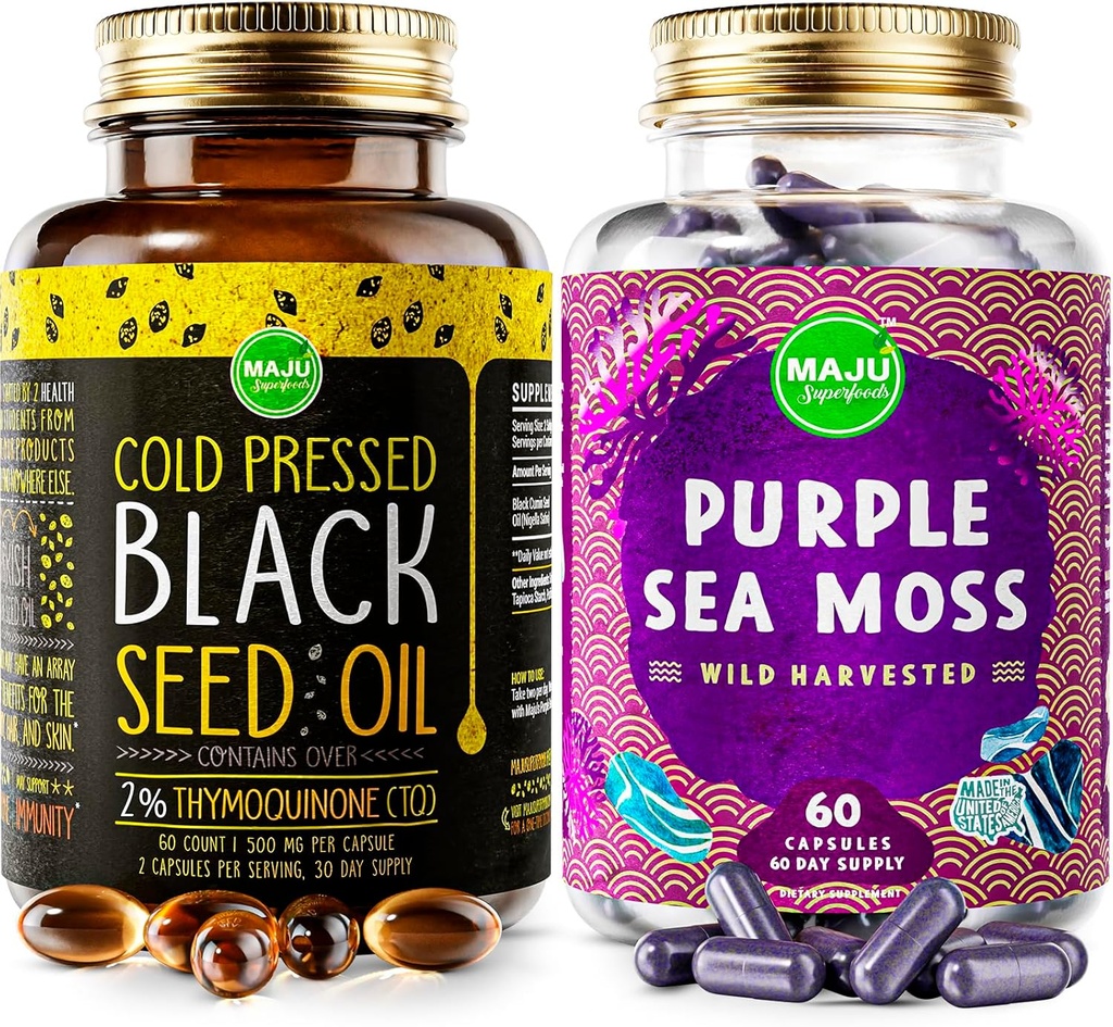 Magu Superfood Katup Minyak Benih Hitam dan Ungu Laut Moss Capsules Bundle