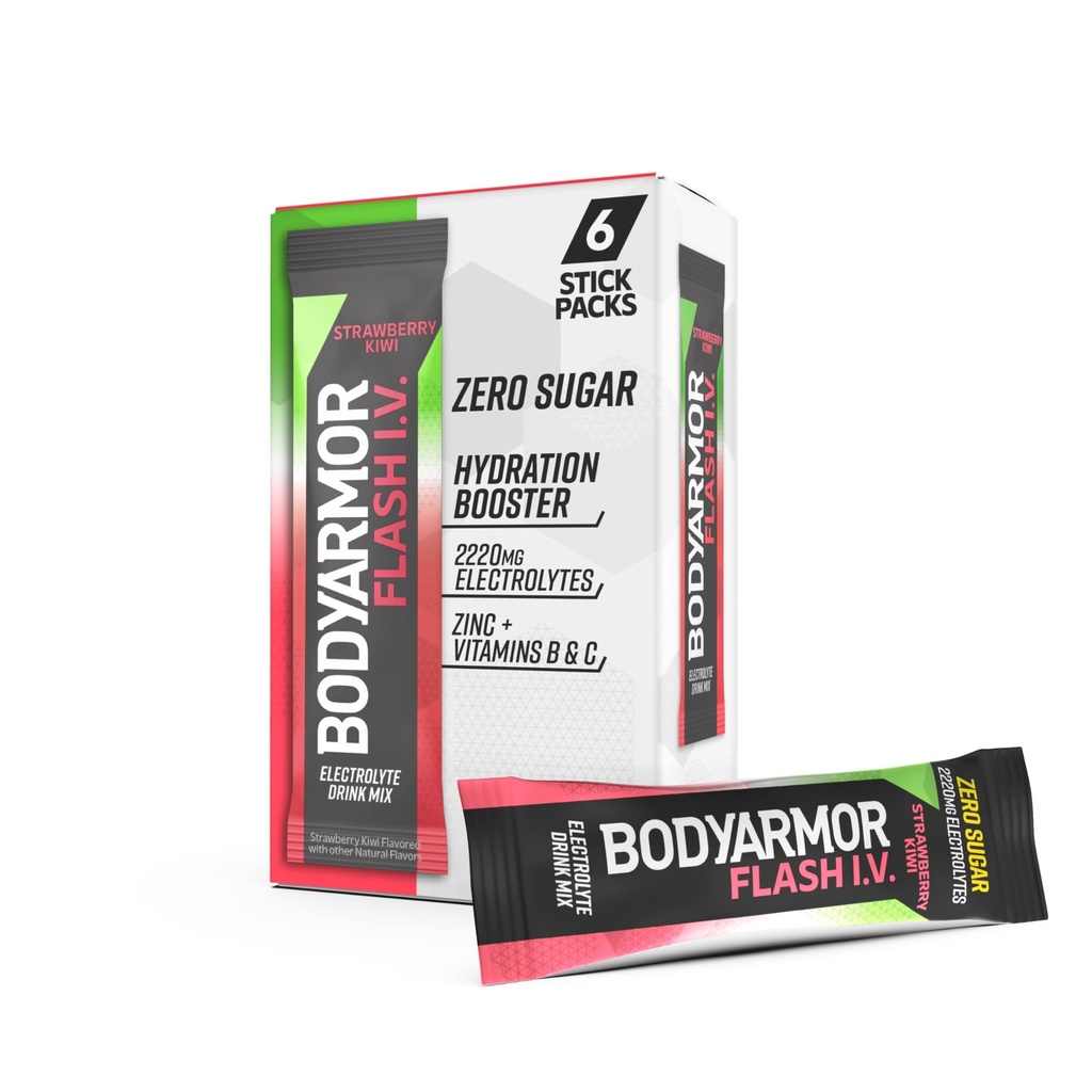 BODYARMOR Flash IV Electrolite Packets, Strawberry Kiwi - Zero Sugar Drink, Single Serve Packs, Coconut Water Powder (6 Count)