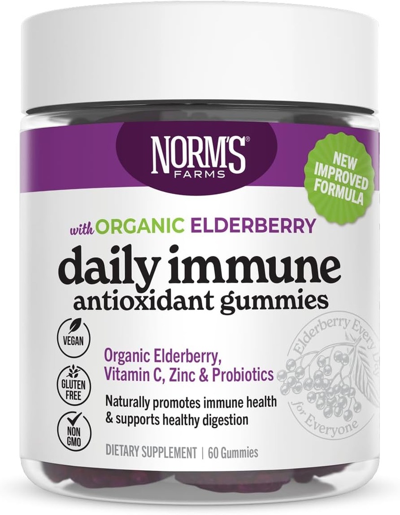 Norm 's Farms Organic Elderberry Gummies - Daily Imune Dupport for Dewata & Kid with Zinc, DE111 Probiotic, Vitamin C - Made in USA, 3 Party Tested - Vegan, Gluten- Free, Kosher, Non-GMO, 60 Gummies