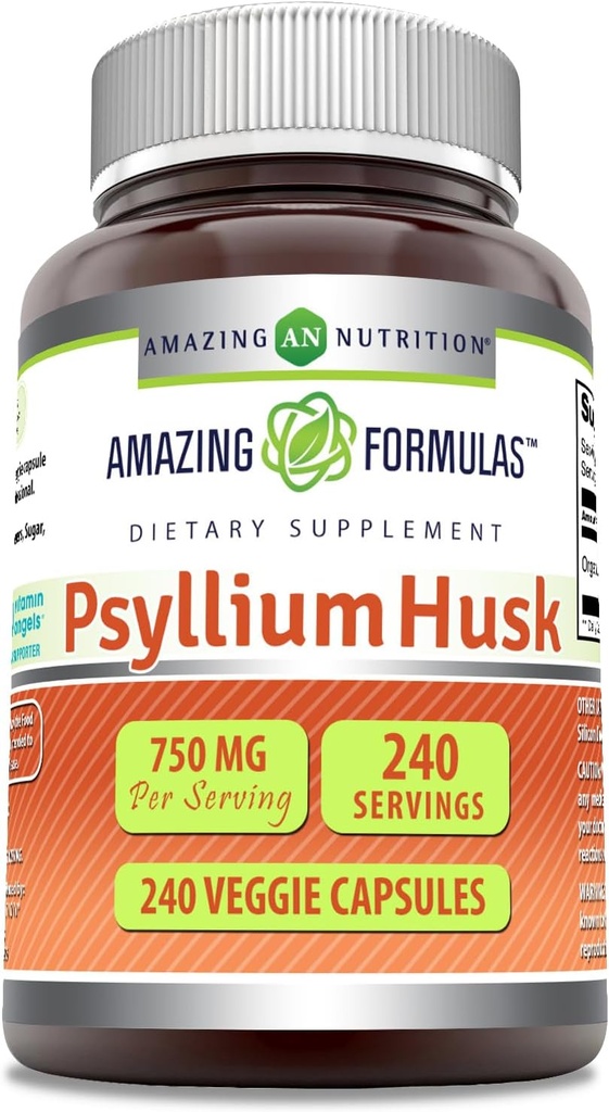 Amazing Formulas Psyllium Husk 750mg Veggie Capsules Suplemen 124; Non-GMO 124; Gluten Free 124; Made in USA 124; Sutable for Vegegarian (240 Count)