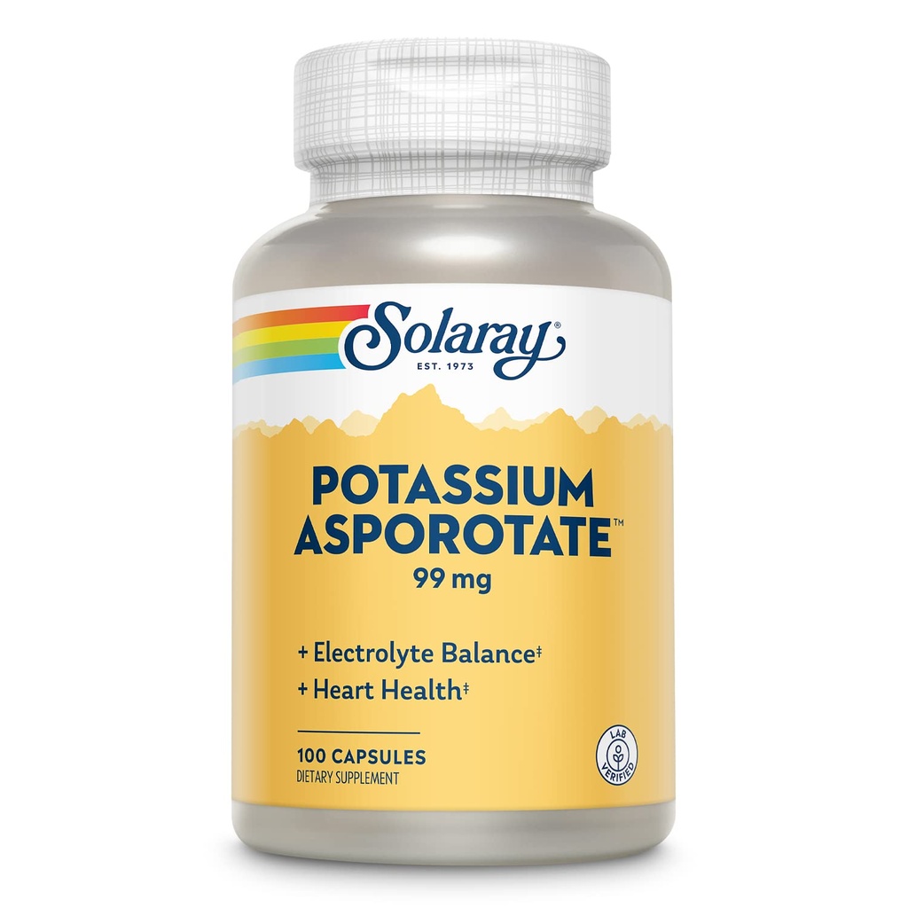 Solaray Potasium Asporotate Chellated Suplement, Electrolite Saldo & Heart Health Support, 100 Servis, 100 Kapsul