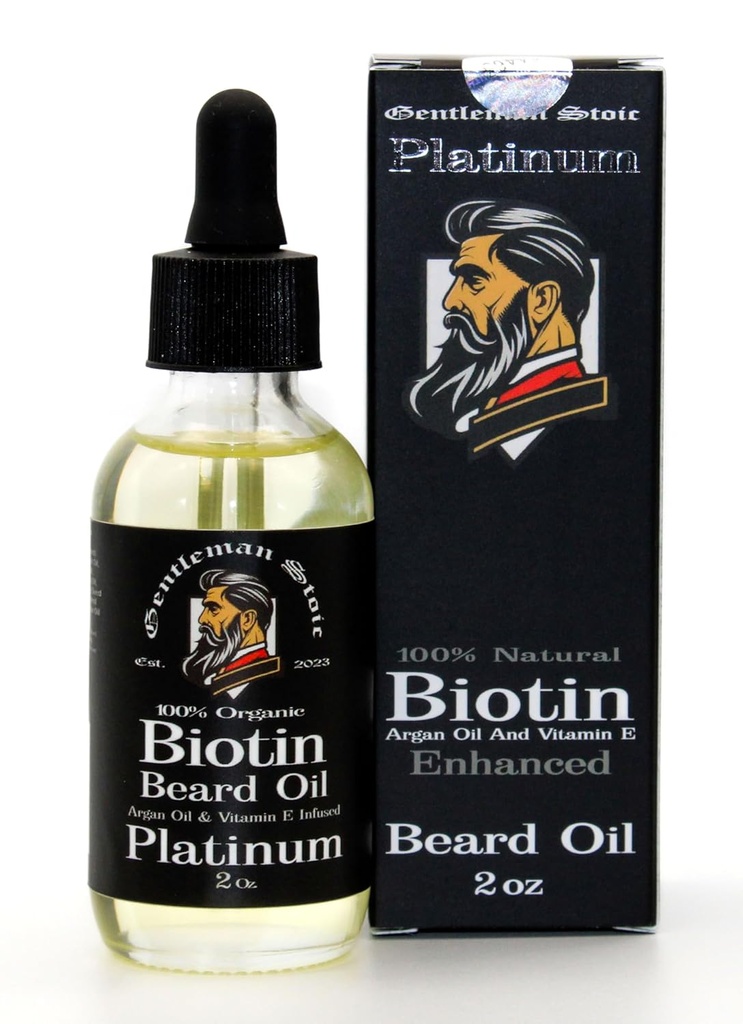 Platinum Beard Oil for Men - Natural Biotin Enhanced Beard Growth Oil - Argan & Vitamin E - Softens and Controls - Beard Growth Oil for Men - Spiced Vanilla Scent (2oz - Pack of 1)