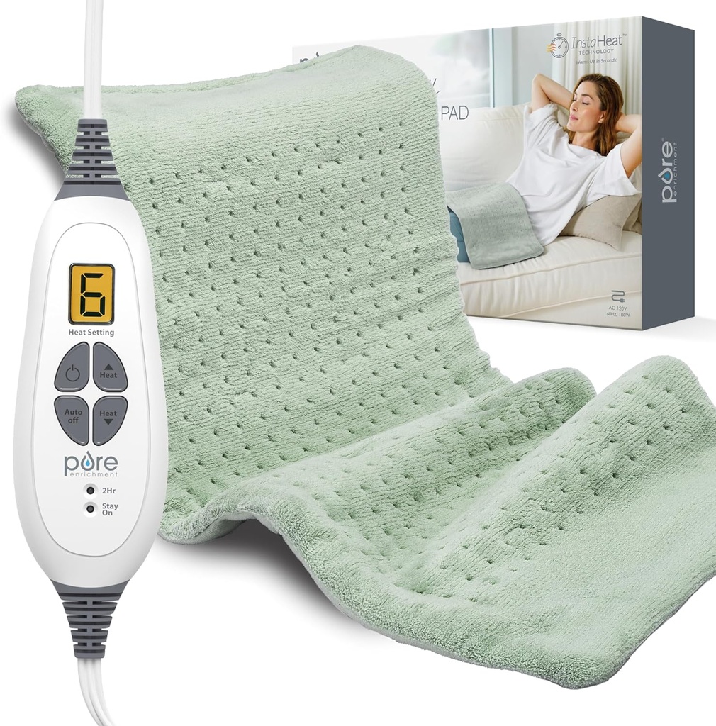Pudar Penghibur Murni XL Haeating Pad - 12 "x 24" Electric Heating Pad untuk Back Pain & Cramps, 6 Pengaturan Panas, FSA / HSA Diaktifkan, Fible Machine Soft Fabric, Auto- Off & Moist Heat (Zen Green)