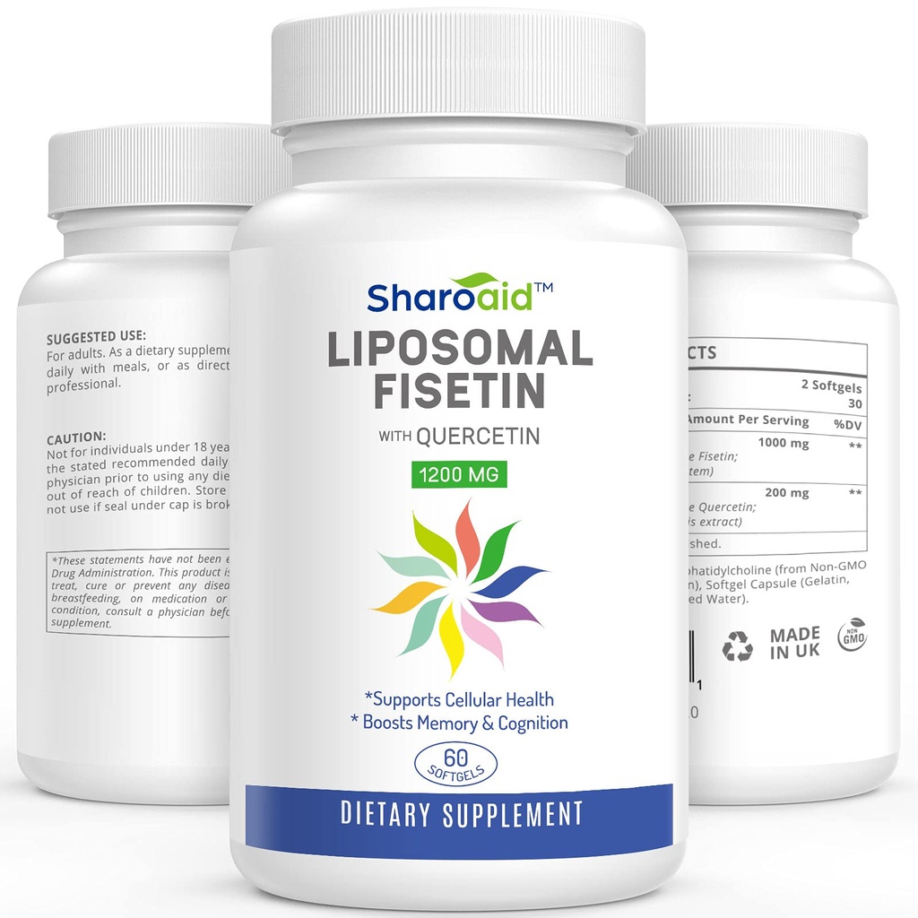 Lipomal Fisetin dengan Quercetin Suplemen 1200 mg per Serving, Absorpsi Tinggi Antioksidasi untuk Perempuan, Pria, Non-GMO, Bebas, 1 Botol-60 Softgeels