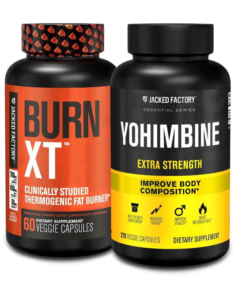Jacked Factory Fat Burner with Yohimbine - Thermogenic Suplemen untuk Pria & Perempuan - Burn-XT Thermogenic Fat Burner & Yohimbine Ekstra Supplemen 2.5mg, 270 Kapsul
