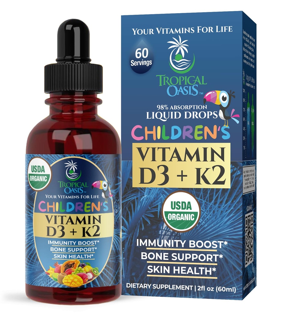 USDA Organik Vitamin D3 K2 Liquid Drops 126; Vitamin D3 K2 Suplemen untuk Anak-anak & Toddlers Ages 1 + 14; Suplemen Anak-anak untuk Calcium Absorpsi Bones Kuat 124; Vegan, Non-GMO 124; 2 Fl Oz