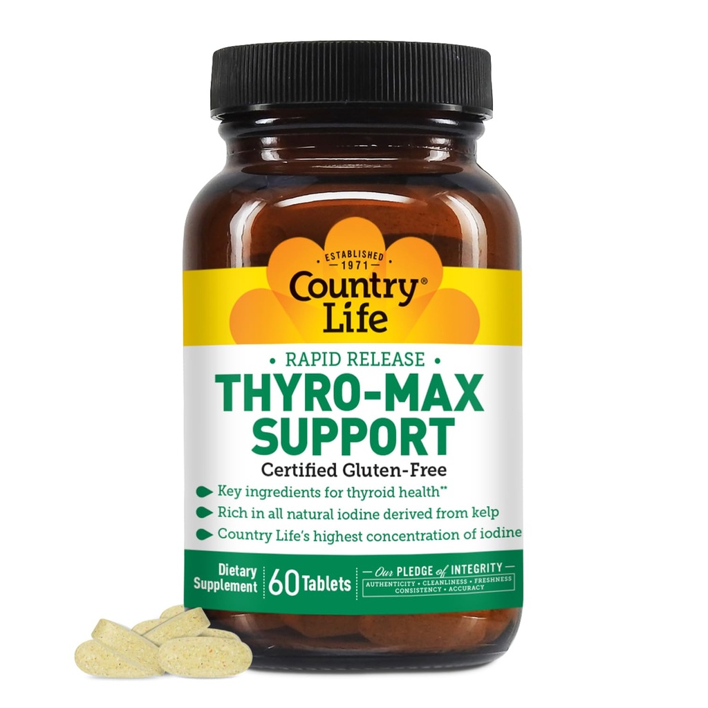 Country Life Thyro-Max Dukung - Kelp-Derived Iodin & L-Tyrosine Thyroid Suplemen untuk Pria dan Wanita - B Vitamin, Gluten- Bebas, Vegan, Kosher - 60 Kapsul
