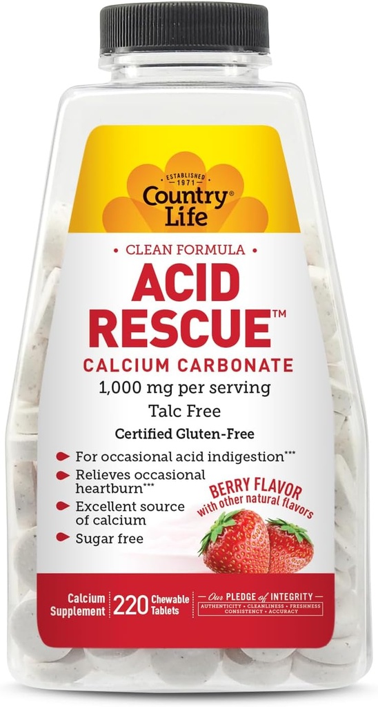 Country Acid Rescue Chewable Tablets - Sertifikasi Vegan & Gluten- Free Heartburn Relief, 400mg Calcium & Magnesium, Non-GMO, Sugar- Free Mint Flavor, Pasokan Bone Health, 220 Count